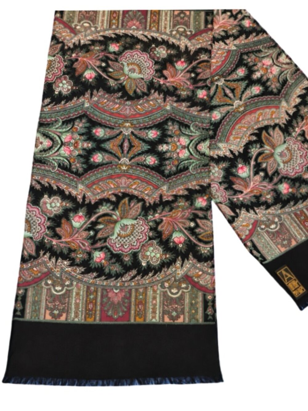 100% Wool Paisley Scarf Black Sage Green Burgundy Floral Fringe - Picture 6 of 8